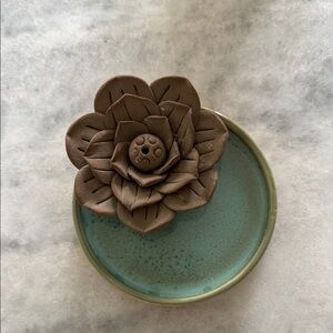 Handcrafted Brown Floral incense holder with Green Ceramic Base